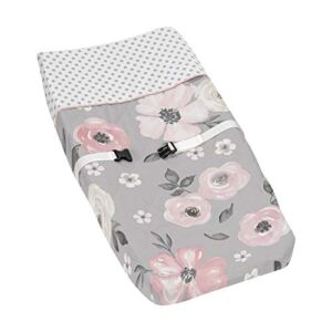 Sweet Jojo Designs Grey Watercolor Floral Girl Baby Nursery Changing Pad Cover – Blush Pink Gray and White Shabby Chic Rose Flower Polka Dot Farmhouse