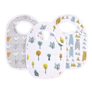Snap Muslin Bibs for Boys & Girls, 3-Pack Baby Bibs for Infants, Newborns and Toddlers, 100% Cotton Muslin Absorbent & Soft Layers, Adjustable Snaps, “Bear, Hedgehog, Tree”