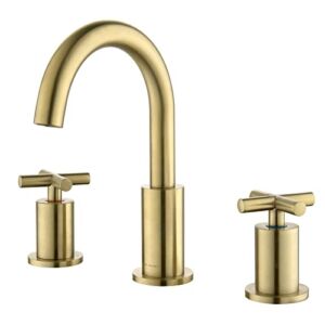 MR. FAUCET 2 Cross-Handle Bathroom Sink Faucets 3 Hole Deck Mount Includes Waste Drain, Soild Brass Brushed Gold