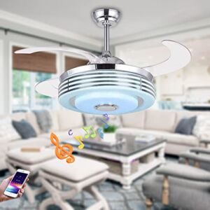 42 Inch Retractable Ceiling Fan with Light and Bluetooth Speaker, 7 Color Change Music Player Ceiling Chandelier with Remote,Fan Lighting Fandelier for Bedroom Living Room