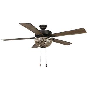 River of Goods Bohemian Style LED Ceiling Fan with Woven Rope in Natural Brown Color – 52″ L x 52″ W – Rich Barnwood / Light Driftwood Fan Blades