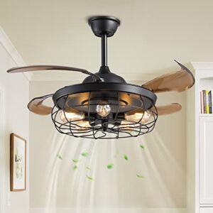 42″ Industrial Retractable Ceiling Fans with Lights, Siljoy Retro Black Cage Chandelier Ceiling Fan Reverse Fandelier with Remote for Farmhouse Living Room Bedroom