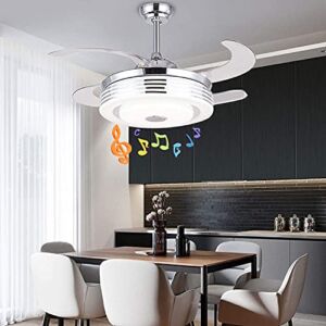 42 inch Silent Ceiling Fan Light with Speaker Music Player, 3 Speed 3 Colors LED Chandelier Fan Remote Control Retractable Blade, Dimmable Decorative Pendant Lamp for Living Room Bedroom