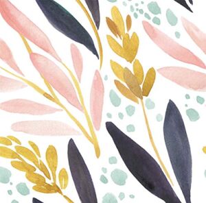 HaokHome 93027 Watercolor Forest Peel and Stick Wallpaper Removable White/Pink/Navy/Yellow Floral Vinyl Self Adhesive Shelf Liner 17.7in x 9.8ft