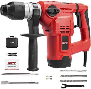MPT 1500W Heavy Duty Rotary Hammer Drill,3 Function and Adjustabl Soft Grip Handle,Include 3 Drill Bits,Point and Flat Chisel with Case