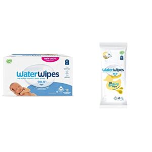 Baby Wipes -WaterWipes Sensitive Baby Diaper Wipes,99.9% Water,Unscented & Hypoallergenic,for Newborn Skin,12 Packs (720ct) & WaterWipes XL Unscented,No-Rinse Textured Bath Wipes,1 pack(16ct)