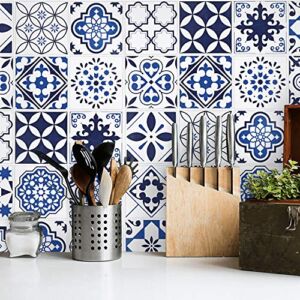 Blue and White Contact Paper 17.7”X197” Tile Pattern Peel and Stick Wallpaper Waterproof Glossy Surface Thicken Self Adhesive for Kitchen Backsplash Washroom Bathroom Wall Decor Vinyl Film Roll