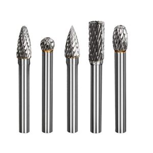 HQMaster 5pcs 1/4″ 6mm Tungsten Carbide Rotary File Solid Carbide Rotary Burr Set Drill Grinding Cutter Tools Bits Set for DIY Wood-Working Carving Metal Polishing Engraving Drilling