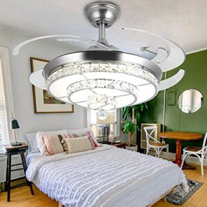 Panghuhu88 42″ Fandelier Invisible Ceiling Fan Chandelier with Light,Modern Crystal Ceiling Fan Light Remote Control 4 Retractable ABS Blades for Bedroom Living Dining Room Decoration