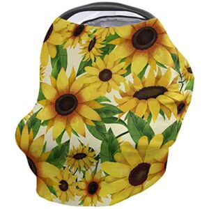 Nursing Cover Sunflower Decor Breastfeeding Scarf, Stretchy Car Seat Cover for Babies, Shopping Cart/High Chair/Stroller Covers, Baby Shower Gifts, Vintage Rustic Looking Sunflowers Blooms Botanical