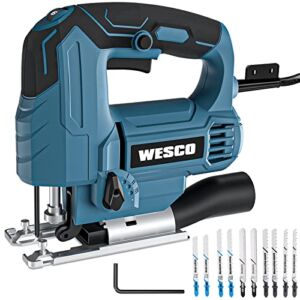 Jigsaw, WESCO 4.5Amp Electric Jig Saw Tool with 6 Variable Speeds, 4 Orbital Sets, ±45° Bevel Cutting, Max Cutting Depth 2-1/2inch, 0-3000SPM, with 10PCS Blades for Metal PVC Ceramic Wood Cutting