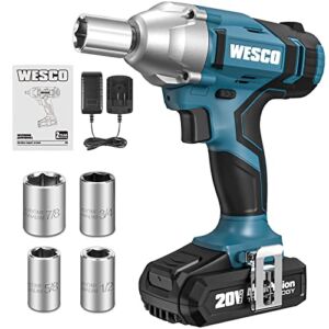 Cordless Impact Wrench, WESCO 20V Electric Impact Wrench with 1/2″ Impact Drill, 3000IPM, 2.0A Li-ion Battery , 4Pcs Driver Impact Sockets, Fast Charger Included , Belt Clip for Easy Carrying