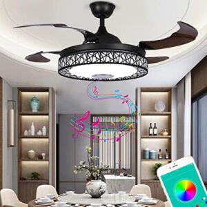 MoreChange 42” Retractable Ceiling Fans with Lights and Remote Control, Invisible Modern Chandelier Fan Lighting with Bluetooth Speaker Play Music 7 Colorful Dimmable Fixture for Bedroom/Living Room