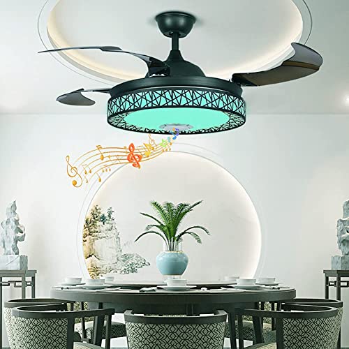 MoreChange 42” Retractable Ceiling Fans with Lights and Remote Control, Invisible Modern Chandelier Fan Lighting with Bluetooth Speaker Play Music 7 Colorful Dimmable Fixture for Bedroom/Living Room | The Storepaperoomates Retail Market - Fast Affordable Shopping