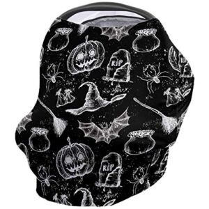 Nursing Cover for Breastfeeding Scarf Super Soft Cotton Multi Use for Baby Car Covers Canopy Shopping Cart Cover Blanket Stroller Cover-Halloween Themed Pumpkin Witch Bat Spider Black