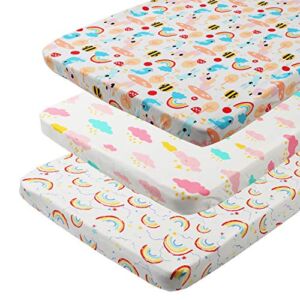 Pack n Play Sheet Fitted for Baby Girl, 3 Pack Premium Jersey Cotton 195 GSM Playard Mattress Cover Portable Mini Crib Sheets, White with Rainbows Colorful Clouds Bird and Bee Pattern