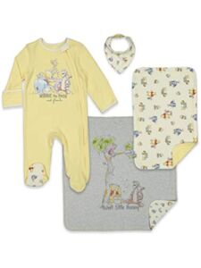 Disney Winnie The Pooh Newborn Baby Boys Sleep N Play Coverall Bib Blanket and Burp Cloth 4 Piece Outfit Set 0-6 Months