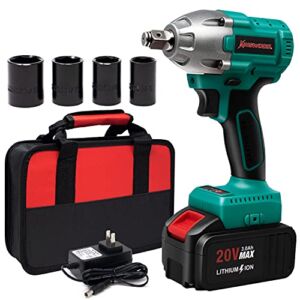 Kinswood 20V MAX Cordless Impact Wrench with 1/2″Chuck, Max Torque (320N.m) 4Pcs Drive Impact Sockets,3.0A Li-ion Battery with 1 Hour Fast Charger and Tool Bag
