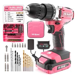 Hi-Spec 58pc Pink 18V Cordless Power Drill Driver, Bit Set & Case. Complete Home & Garage DIY Tool