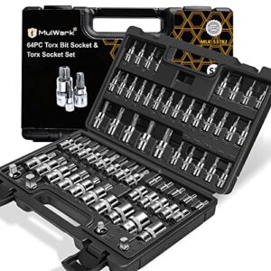 MulWark 64-Piece Master-Torx-Automotive-Mechanics-Tool | 3/8, 1/4, 1/2 in. Drive Torx Bit Socket Set and External Torx Socket Set w./ Impact Adapter and Reducer | S2 and Cr-V Steel