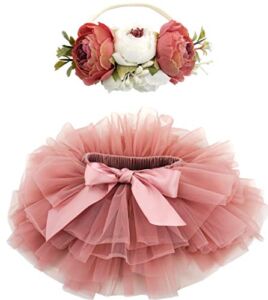 BGFKS Baby Girls Soft Fluffy Tutu Skirt with Diaper Cover,Toddler Girl Tutu Skirt Sets with Flower Headband Dusty Rose