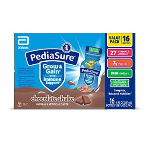 Pediasure Grow & Gain with Immune Support, Kids Protein Shake, 27 Vitamins and Minerals, 7g Protein, Helps Kids Catch Up On Growth, Non-GMO, Gluten-Free, Chocolate, 8 Fl Oz (Pack of 16)