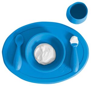 ezpz Tiny Collection Set (Blue) – 100% Silicone Cup, Spoon & Bowl with Built-in Placemat for First Foods + Baby Led Weaning + Purees – Designed by a Pediatric Feeding Specialist – 4 Months+