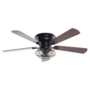 Parrot Uncle Ceiling Fans with Lights and Remote Farmhouse Flush Mount Ceiling Fan with Light Black, 48 Inch