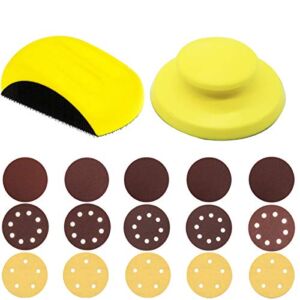 Hand Sanding Blocks, GOH DODD 5 Inch 2 Pieces Round and Mouse Hook Backing Plate Sand Pad with 15 Pieces 5 Inch Hook and Loop Discs Ideal for Wood Furniture Restoration Home Arts Crafts Automotive