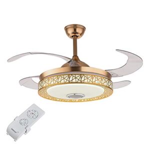 42 Inch Ceiling Fan Light with Remote, 3 Colors LED Dimmable Fan Chandelier 4 Retractable Blades Fan Music Player Chandelier for Dining Room Living Room Bedroom (Gold)