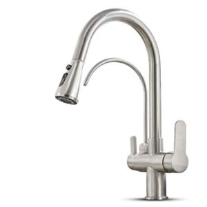 MENATT Filter Kitchen Faucet with Drinking Water Faucet, High Arc Pull Down 3-Way Kitchen Faucet, 3 in 1 Sink Cold and Hot Mixer Tap (Brushed Nickel)