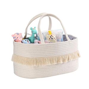 Baby Diaper Caddy Organizer Basket – Cotton Rope Large Portable Nursery Storage Bin with 2 Inner Pockets(Beige)