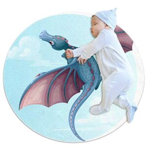 Rug Flying Dragon Blue Sky Round Play Mat Crawling Mat Floor Playmats Washable Game Blanket Tummy Time Play Mat 39.4×39.4 inches