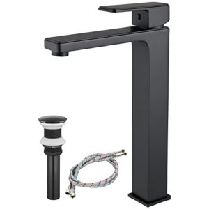 Matte Black Bathroom Sink Faucet Tall Body Vessel Bowl Tap Single Handle 1 Hole Lavatory Vanity Mixer Bar Tap with Pop Up Drain Tall Spout Deck Mount Brass