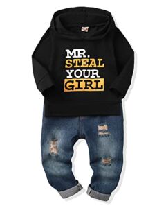 12 Months Boy Clothes Toddler Boy Outfit Hoodie Sweatsuit Tops +Ripped Jean Long Pants Fall Winter 2 Piece Outfits Set Gift for Baby Boy