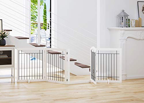 SPIRICH 96-inch Extra Wide 30-inches Tall Dog Gate with Door Walk Through, Freestanding Wire Pet Gate for The House, Doorway, Stairs, Pet Puppy Safety Fence, Support Feet Included (White) | The Storepaperoomates Retail Market - Fast Affordable Shopping