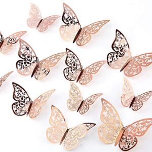 AIEX 24pcs 3D Butterfly Wall Stickers 3 Sizes Butterfly Wall Decals Room Wall Decoration for Bedroom Party Wedding Decors(Rose Gold)
