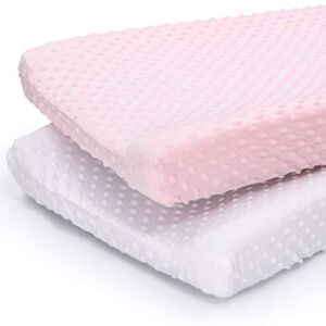 The Peanutshell Plush Minky Changing Pad Covers for Baby Girls | 2 Pack Set | Pink and White