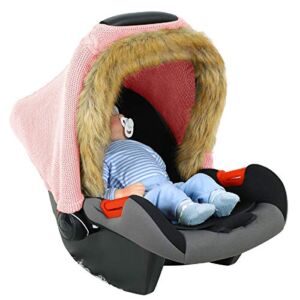 Yinuoday Baby Car Seat Cover with Faux Fur Hem Winter Knitted Stretchy Infant Stroller Cover Carseat Canopy for Boy Girl Indoor Outdoor