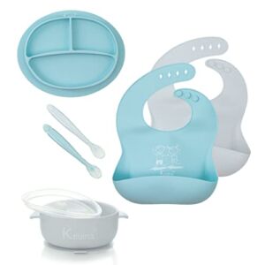 Kcuina 7 Pieces Baby Feeding Set – Suction Plate, Bowl, Baby Spoons, and Bibs. First Stage Self-Feeding Utensils Set – Dishwasher Safe. Food Grade Silicone (Blue Chill/Gray)