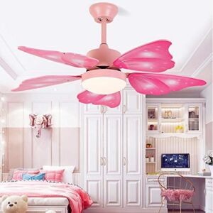 KWOKING Lighting Creative Butterfly Wing Ceiling Light and Fan with Remote Control 5 Blades LED Bedroom Hanging Fan Light Adjustable Speed for Kids Bedrooms – Pink