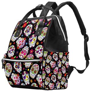 Shiiny Day of The Dead Sugar Skull Diaper Bag Backpack for Baby Care, Multi Function Waterproof and Cooler Tote Travel Backpack (Nappy Bag, Tissue Pocket)