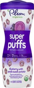 Plum Organics Baby Food Pouch | Super Puffs | Blueberry With Purple Sweet Potato | 1.5 Ounce | 4 Pack | Organic Food Squeeze for Babies, Kids, Toddlers