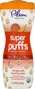 Plum Organics Baby Food Pouch | Super Puffs | Mango with Sweet Potato | 1.5 Ounce | 4 Pack | Organic Food Squeeze for Babies, Kids, Toddlers