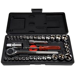 40-Piece Ratcheting Socket Wrench Set – Metric and Standard 6-Point Hex Socket Organizer Kit with Combination Torque and Insulated Handles by Stalwart