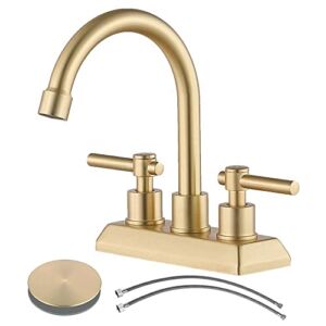 VESLA HOME Modern 2 Handles 2 Holes 4 Inch Centerset Brushed Gold Bathroom Faucet,High Arc Swivel Spout Lavatory Bathroom Vanity Sink Faucet with Water Supply Lines and Pop-up Drain Combo