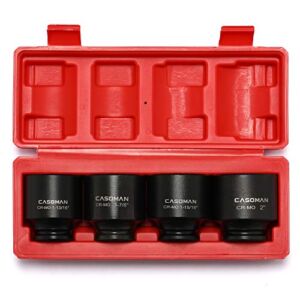 CASOMAN 1/2” Drive Spindle Axle Nut Impact Socket Set, 6 Point, CR-MO,1-13/16, 1-7/8, 1-15/16, 2 inch, 4PC 1/2-Inch Impact Socket Set, Heavy Duty Use In Removing And Installing Axle Nuts
