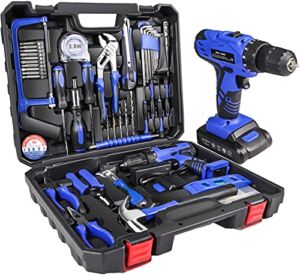 jar-owl 21V Tool Set with Drill, 350 in-lb Torque, 0-1350RMP Variable Speed, 10MM 3/8” Keyless Chuck, 18+1 Clutch, 1.5Ah Li-Ion Battery & Charger for Home Tool Kit