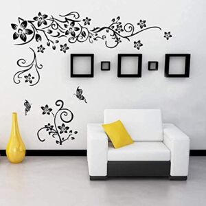 Supzone Flowers Vine Wall Decals Black Flowers Wall Stickers Butterfly Wall Decor Removable Vinyl DIY Home Wall Art Stickers for Bedroom Living Room Sofa Backdrop TV Wall Decoration