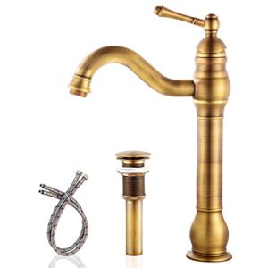 Sccot Vessel Sink Faucet Antique Brass, 360° Swivel Bathroom Sink Faucet Brushed Brass, Counter Top Tall Spout Single Handle Lavatory Vanity Mixer Bar Tap with Pop Up Drain, Single Hole Deck Mount